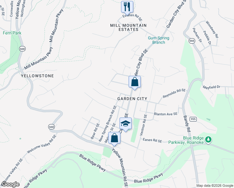 map of restaurants, bars, coffee shops, grocery stores, and more near 1132 Ray Road Southeast in Roanoke
