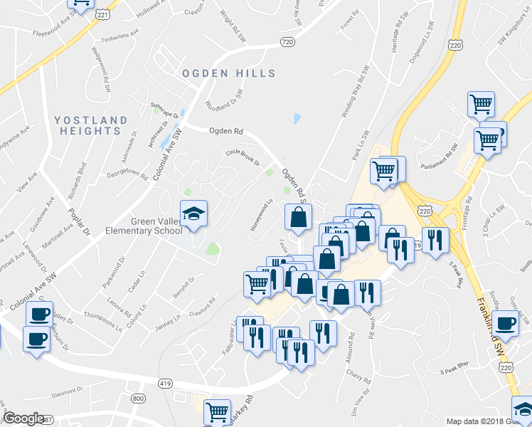 map of restaurants, bars, coffee shops, grocery stores, and more near 3109 Honeywood Lane in Cave Spring