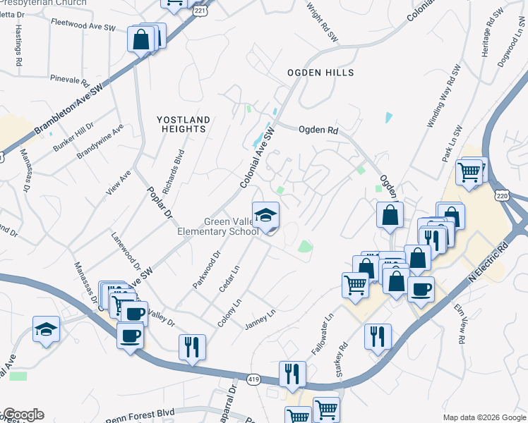 map of restaurants, bars, coffee shops, grocery stores, and more near 3534 Timberline Trail in Cave Spring