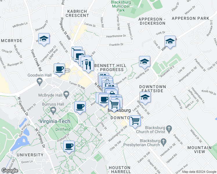 map of restaurants, bars, coffee shops, grocery stores, and more near 200 Faculty St in Blacksburg