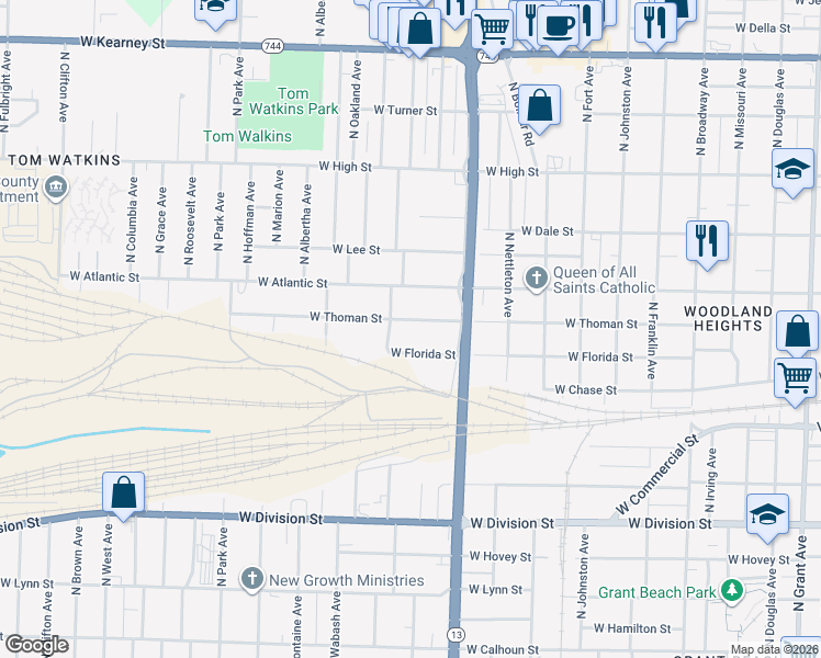 map of restaurants, bars, coffee shops, grocery stores, and more near 1717 West Thoman Street in Springfield