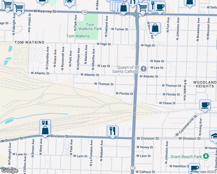 map of restaurants, bars, coffee shops, grocery stores, and more near 1811 West Thoman Street in Springfield