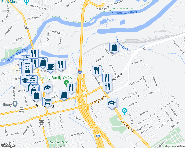 map of restaurants, bars, coffee shops, grocery stores, and more near 122 North Crater Road in Petersburg