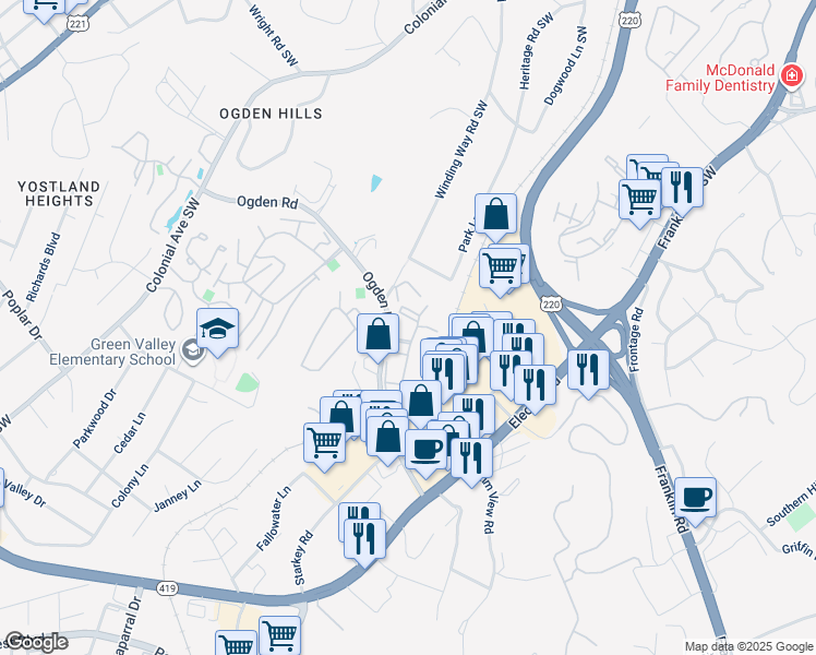 map of restaurants, bars, coffee shops, grocery stores, and more near 123 Windward Drive Southwest in Roanoke