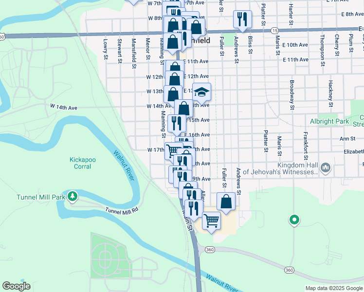 map of restaurants, bars, coffee shops, grocery stores, and more near 199 West 16th Avenue in Winfield