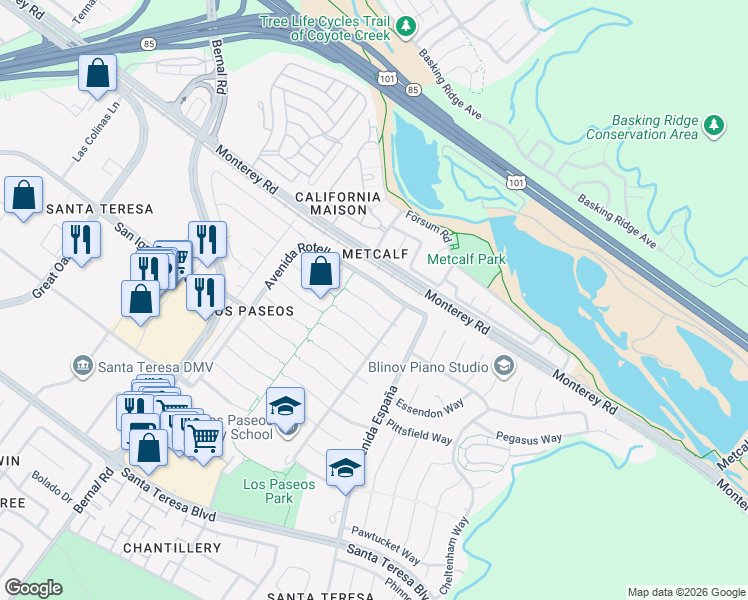 map of restaurants, bars, coffee shops, grocery stores, and more near 7085 Vía Pacifica in San Jose