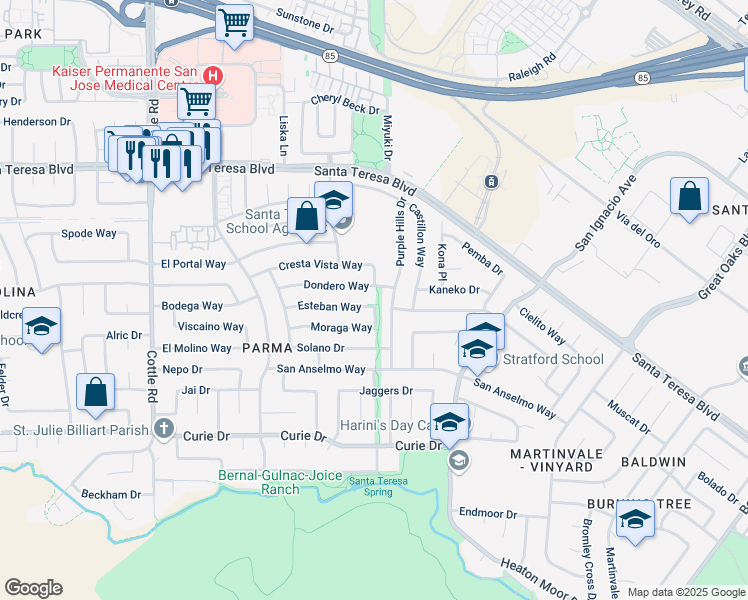 map of restaurants, bars, coffee shops, grocery stores, and more near 255 Dondero Way in San Jose