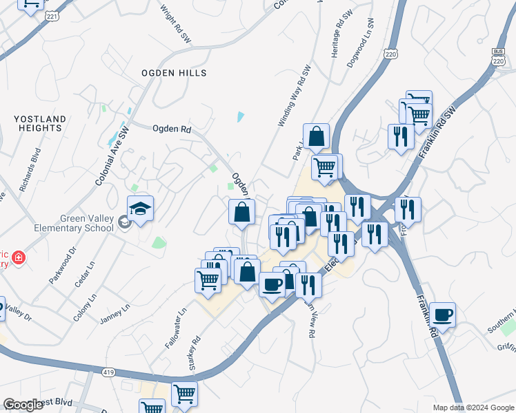 map of restaurants, bars, coffee shops, grocery stores, and more near 440 Windward Drive Southwest in Roanoke