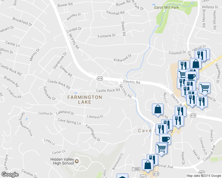 map of restaurants, bars, coffee shops, grocery stores, and more near 3010 Winterberry Drive in Roanoke