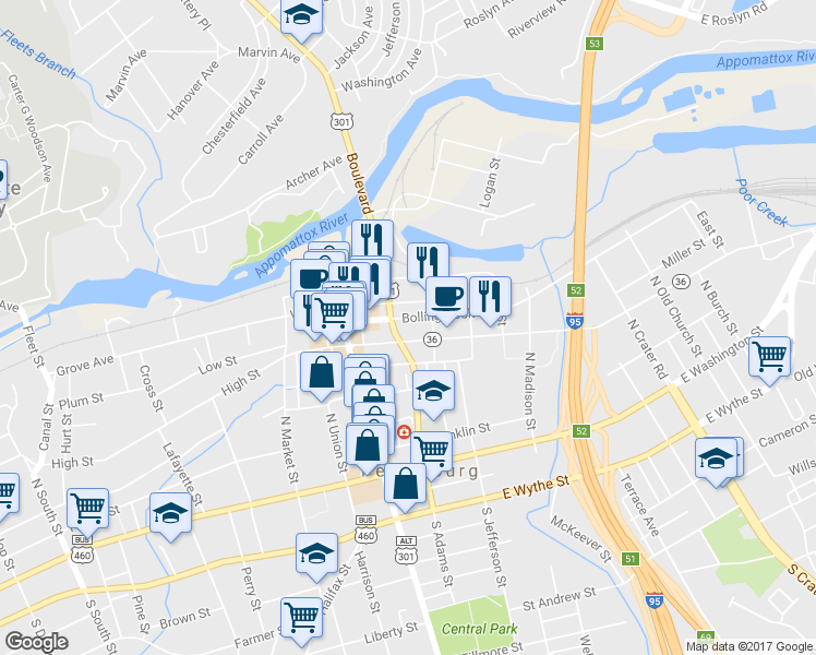 map of restaurants, bars, coffee shops, grocery stores, and more near 401 U.S. 1 in Petersburg