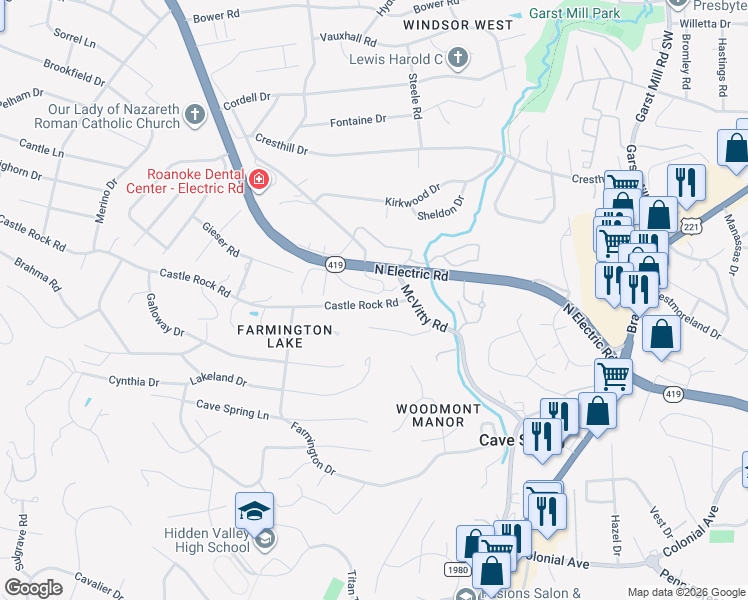 map of restaurants, bars, coffee shops, grocery stores, and more near 3010 Winterberry Drive in Roanoke