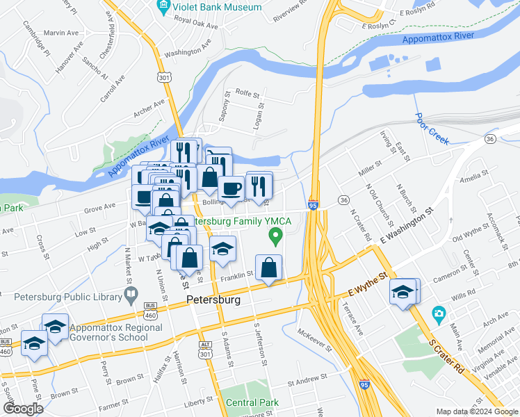 map of restaurants, bars, coffee shops, grocery stores, and more near 259 East Bank Street in Petersburg