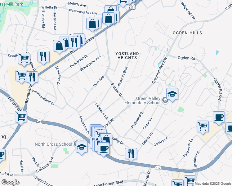 map of restaurants, bars, coffee shops, grocery stores, and more near 3527 Poplar Drive in Roanoke