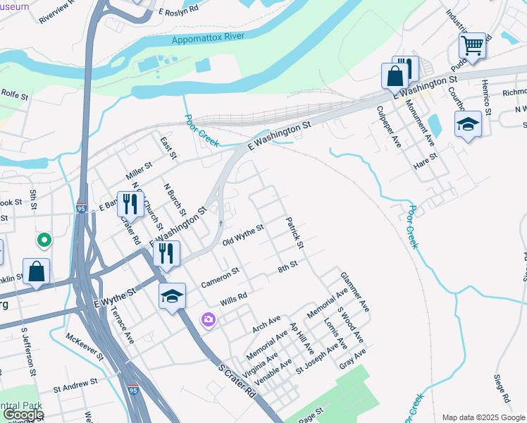 map of restaurants, bars, coffee shops, grocery stores, and more near 1044 Sussex Street in Petersburg
