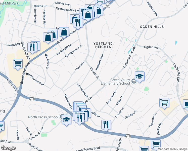 map of restaurants, bars, coffee shops, grocery stores, and more near 3527 Poplar Drive in Roanoke