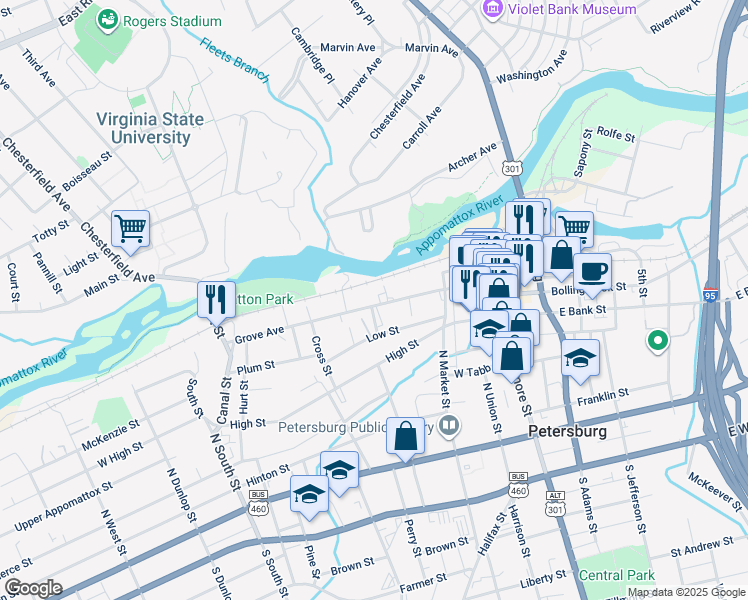 map of restaurants, bars, coffee shops, grocery stores, and more near 277 Grove Avenue in Petersburg