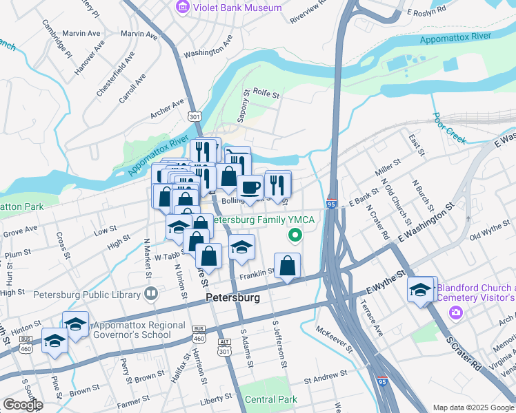 map of restaurants, bars, coffee shops, grocery stores, and more near 219 East Bank Street in Petersburg