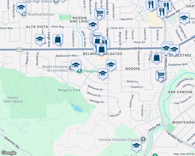map of restaurants, bars, coffee shops, grocery stores, and more near 122 Belvale Drive in Los Gatos