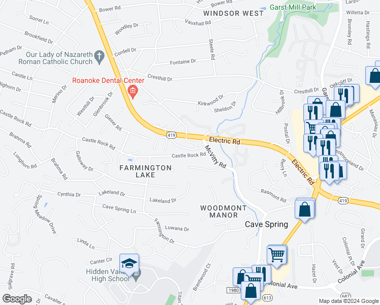 map of restaurants, bars, coffee shops, grocery stores, and more near 3012 Winterberry Drive in Roanoke