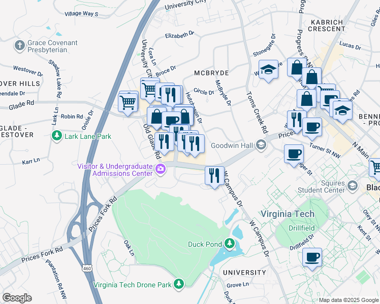 map of restaurants, bars, coffee shops, grocery stores, and more near 700 University City Boulevard in Blacksburg