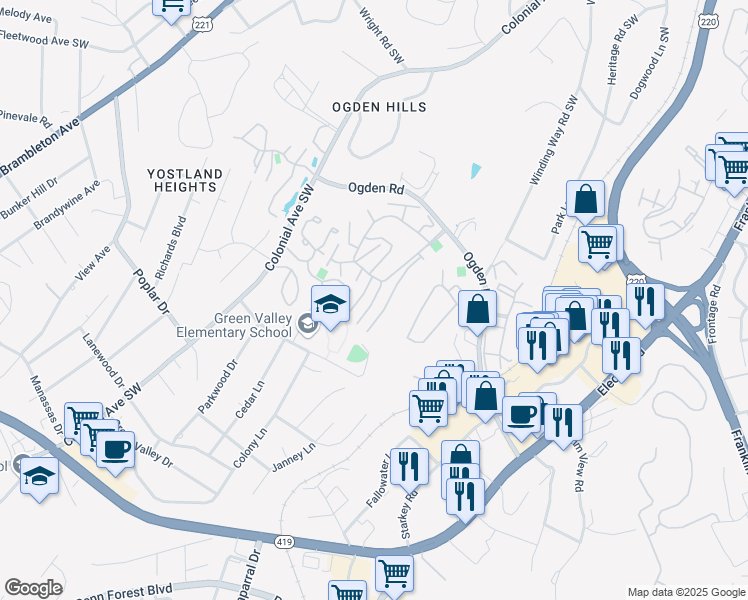 map of restaurants, bars, coffee shops, grocery stores, and more near 3334 Circle Brook Drive in Roanoke