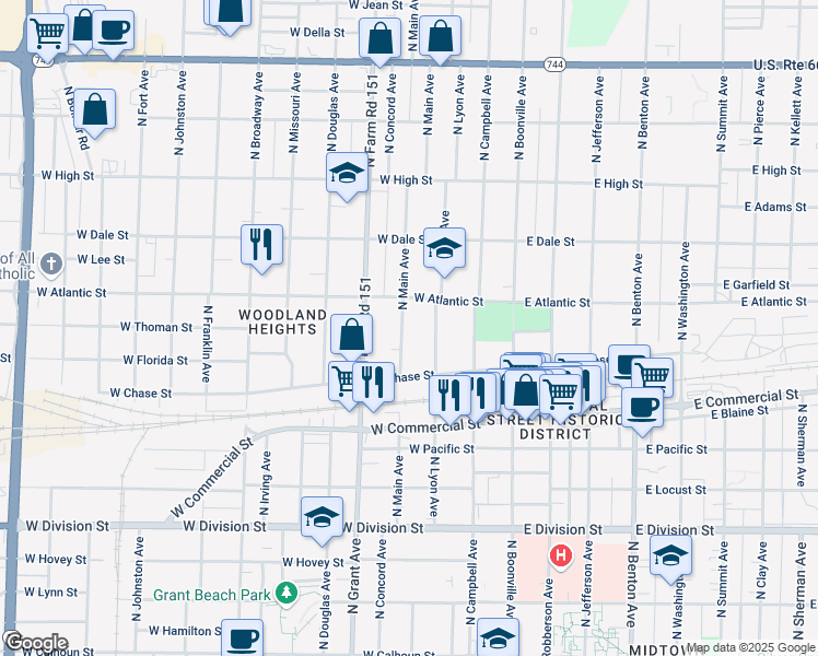 map of restaurants, bars, coffee shops, grocery stores, and more near 508 West Atlantic Street in Springfield