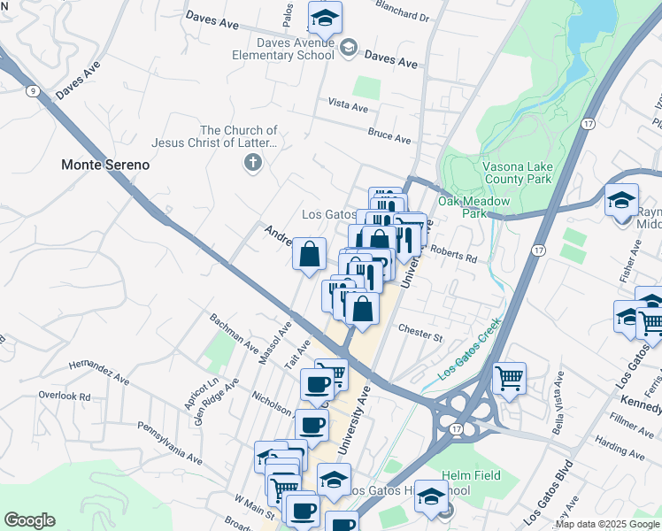 map of restaurants, bars, coffee shops, grocery stores, and more near 470 San Benito Avenue in Los Gatos