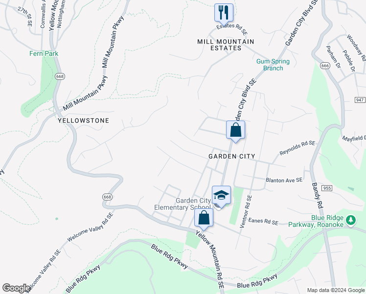 map of restaurants, bars, coffee shops, grocery stores, and more near 1038 Ethel Road Southeast in Roanoke