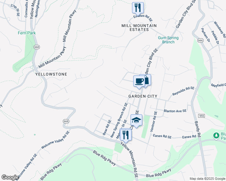 map of restaurants, bars, coffee shops, grocery stores, and more near 1038 Ethel Road Southeast in Roanoke