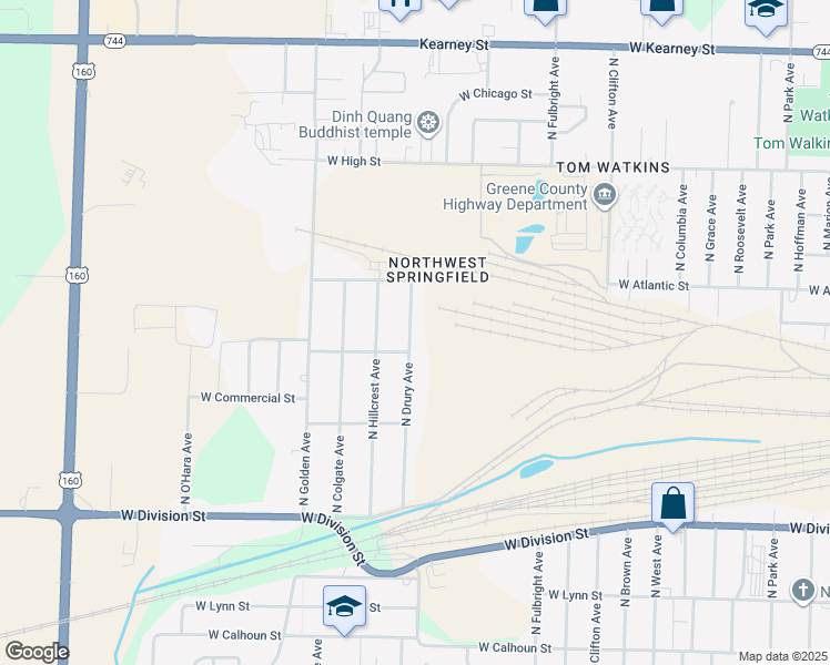 map of restaurants, bars, coffee shops, grocery stores, and more near 1936 North Drury Avenue in Springfield