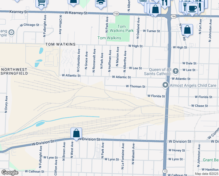 map of restaurants, bars, coffee shops, grocery stores, and more near 2126 West Thoman Street in Springfield