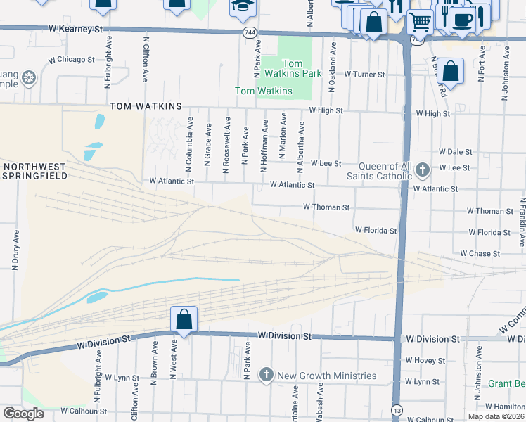 map of restaurants, bars, coffee shops, grocery stores, and more near 2117 West Thoman Street in Springfield