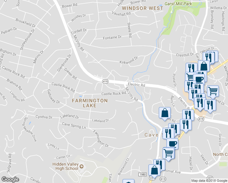 map of restaurants, bars, coffee shops, grocery stores, and more near 3020 Winterberry Drive in Roanoke