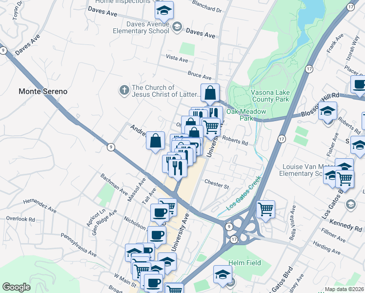 map of restaurants, bars, coffee shops, grocery stores, and more near 530 Monterey Avenue in Los Gatos
