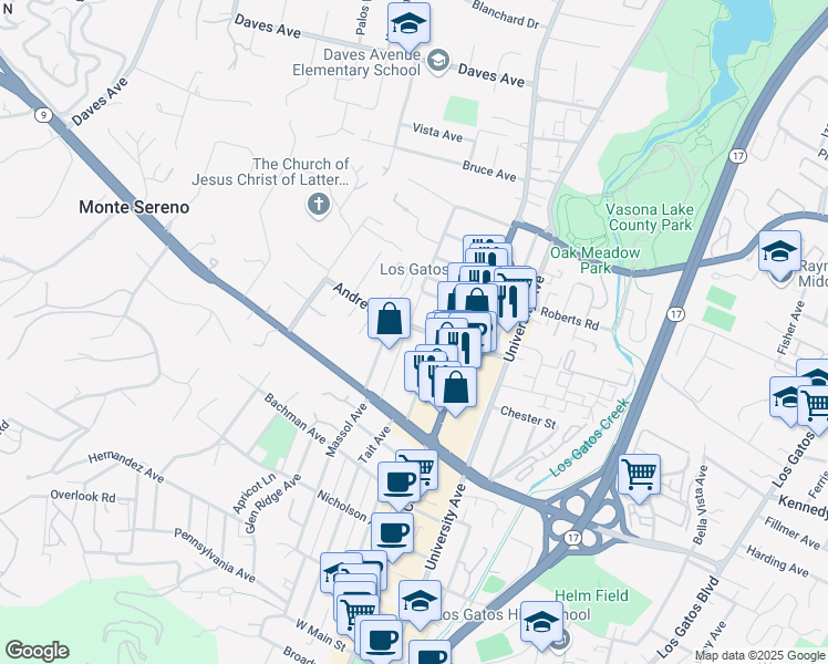 map of restaurants, bars, coffee shops, grocery stores, and more near 470 San Benito Avenue in Los Gatos