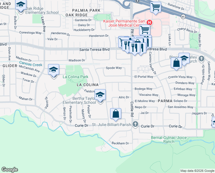 map of restaurants, bars, coffee shops, grocery stores, and more near 6218 Woosley Drive in San Jose