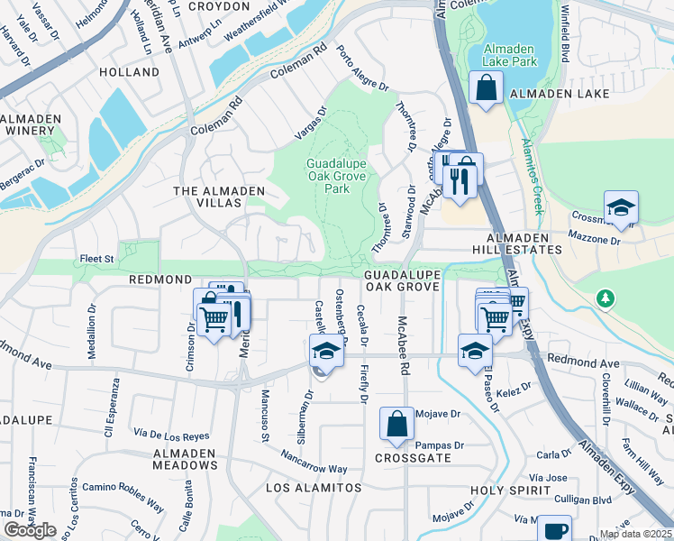 map of restaurants, bars, coffee shops, grocery stores, and more near 1279 Golden Oak Way in San Jose