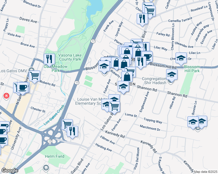 map of restaurants, bars, coffee shops, grocery stores, and more near 16952 Mitchell Avenue in Los Gatos