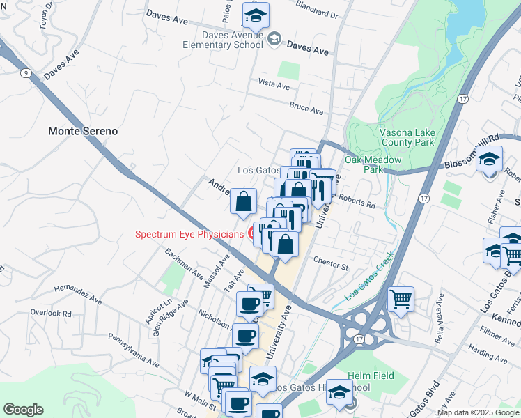 map of restaurants, bars, coffee shops, grocery stores, and more near 512 San Benito Avenue in Los Gatos