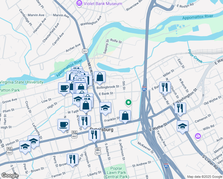 map of restaurants, bars, coffee shops, grocery stores, and more near 241 Bollingbrook Street in Petersburg