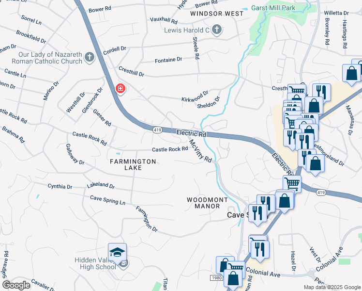 map of restaurants, bars, coffee shops, grocery stores, and more near 5196 Winterberry Court in Cave Spring