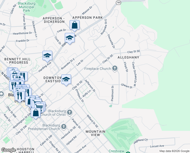 map of restaurants, bars, coffee shops, grocery stores, and more near 405 Clairmont St in Blacksburg