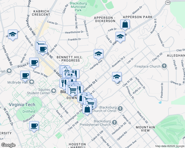 map of restaurants, bars, coffee shops, grocery stores, and more near 416 Harding Avenue in Blacksburg