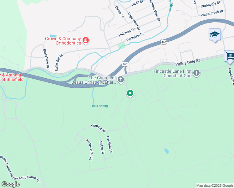map of restaurants, bars, coffee shops, grocery stores, and more near 16 Sedgewood Drive in Bluefield