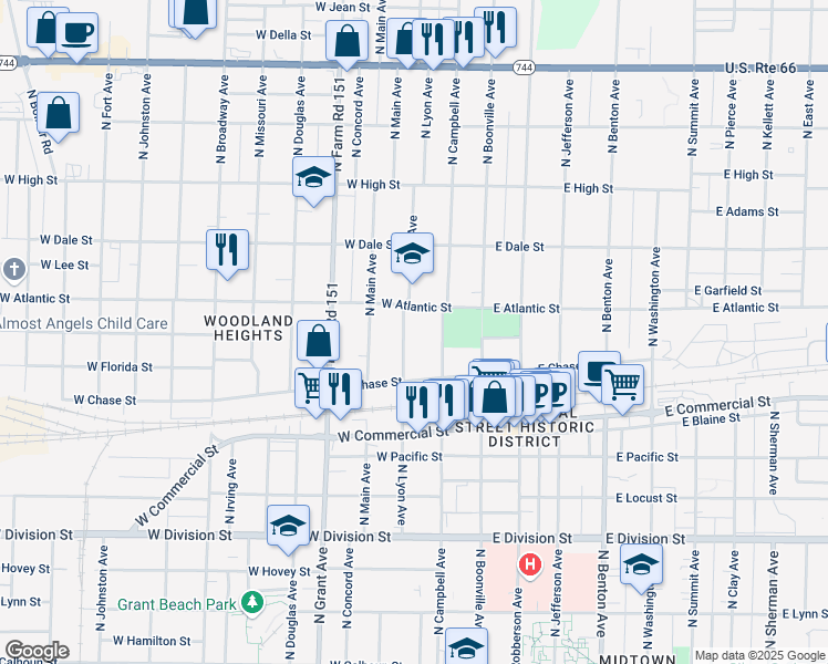 map of restaurants, bars, coffee shops, grocery stores, and more near 408 West Atlantic Street in Springfield