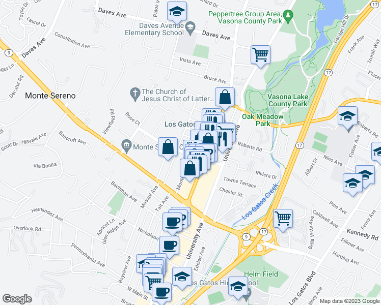 map of restaurants, bars, coffee shops, grocery stores, and more near 501 Monterey Avenue in Los Gatos