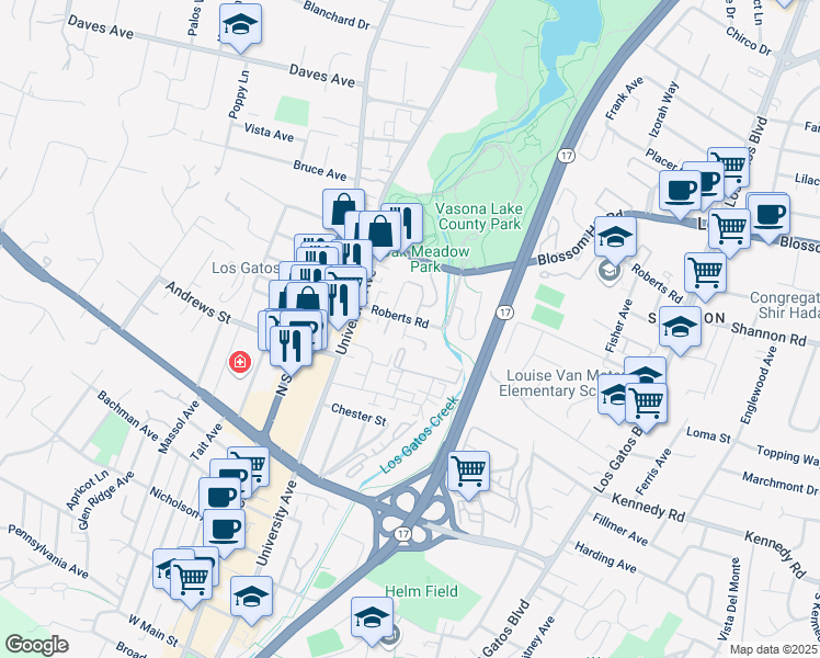map of restaurants, bars, coffee shops, grocery stores, and more near 32 Roberts Road in Los Gatos