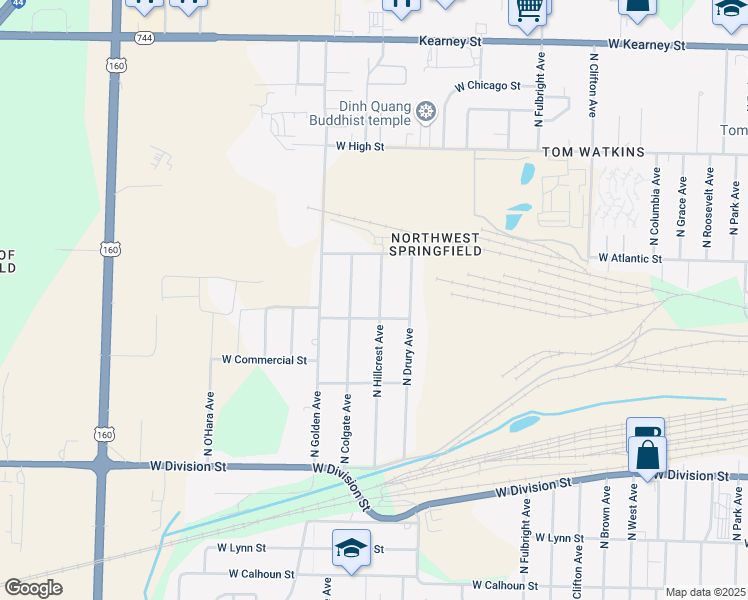 map of restaurants, bars, coffee shops, grocery stores, and more near 1923 North Hillcrest Avenue in Springfield