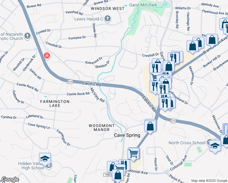map of restaurants, bars, coffee shops, grocery stores, and more near 3040 McVitty Forest Drive in Roanoke