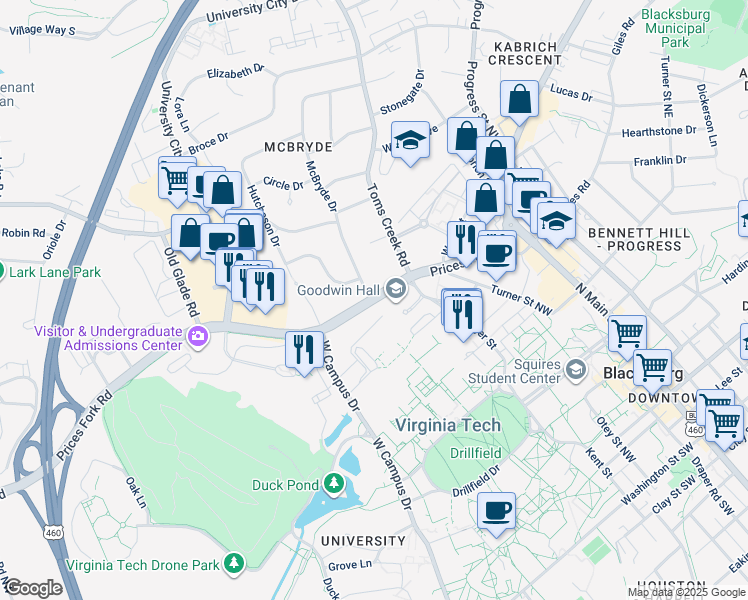 map of restaurants, bars, coffee shops, grocery stores, and more near Prices Fork Road in Blacksburg